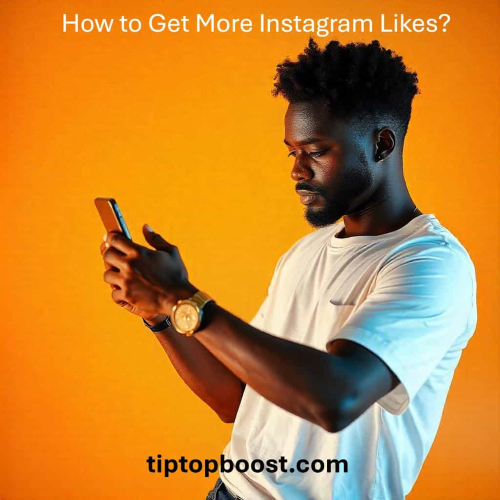 a man that wear a white t-shirt is buying instagram likes with phone from tiptopboost, how to get more instagram likes?