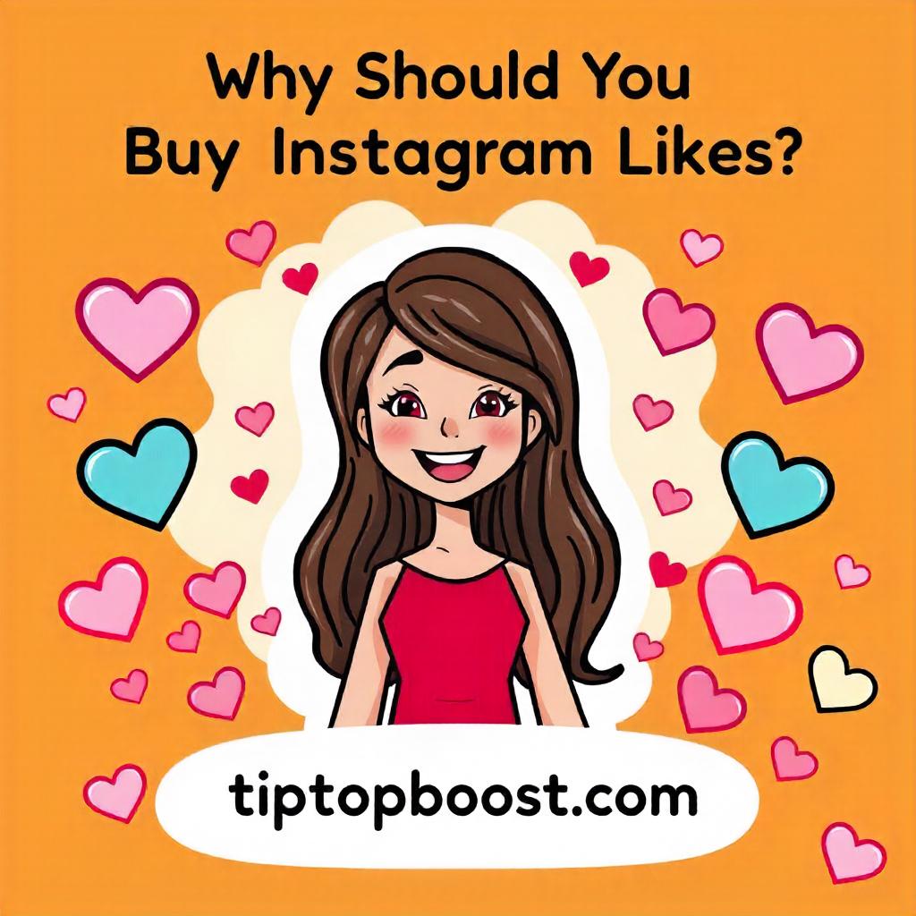 a cartoonish woman is smiling with hearts and tiptopboost.com, why should you buy instagram likes?
